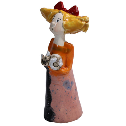 Handmade Ceramic Figurine of Quirky Lady in Multicolour Dress with Her Cat