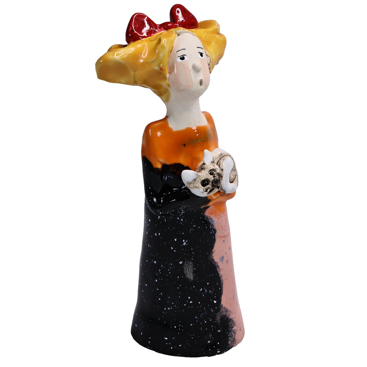 Handmade Ceramic Figurine of Quirky Lady in Multicolour Dress with Her Cat