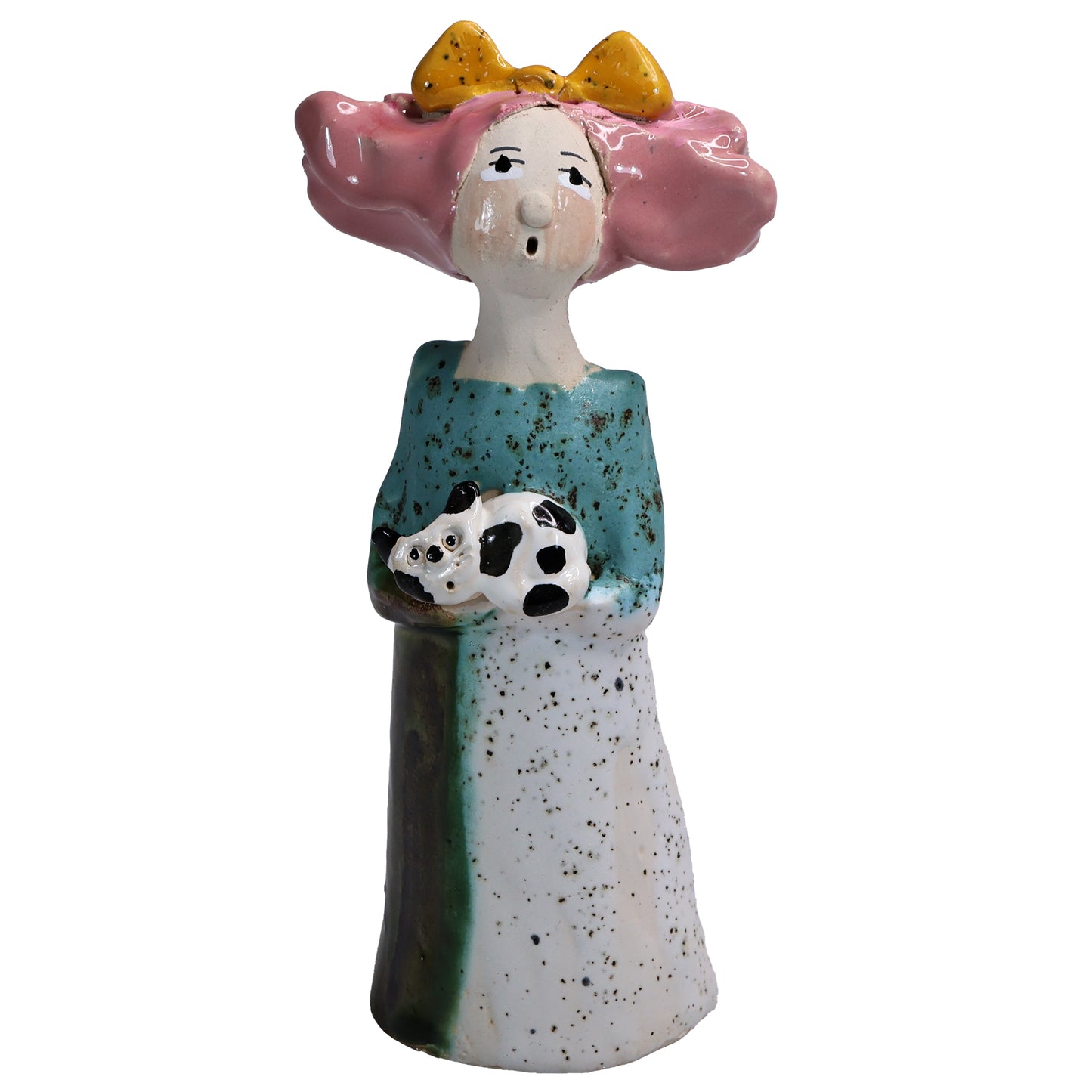 Handmade Ceramic Figurine of Quirky Lady in Multicolour Dress with Her Cat