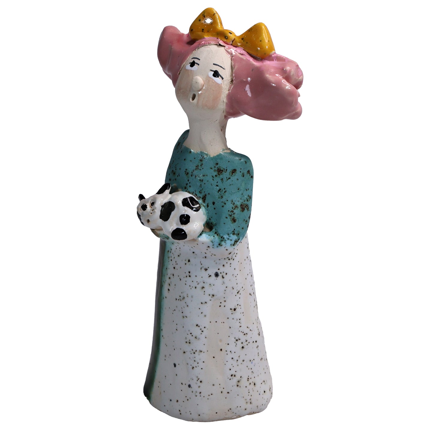 Handmade Ceramic Figurine of Quirky Lady in Multicolour Dress with Her Cat