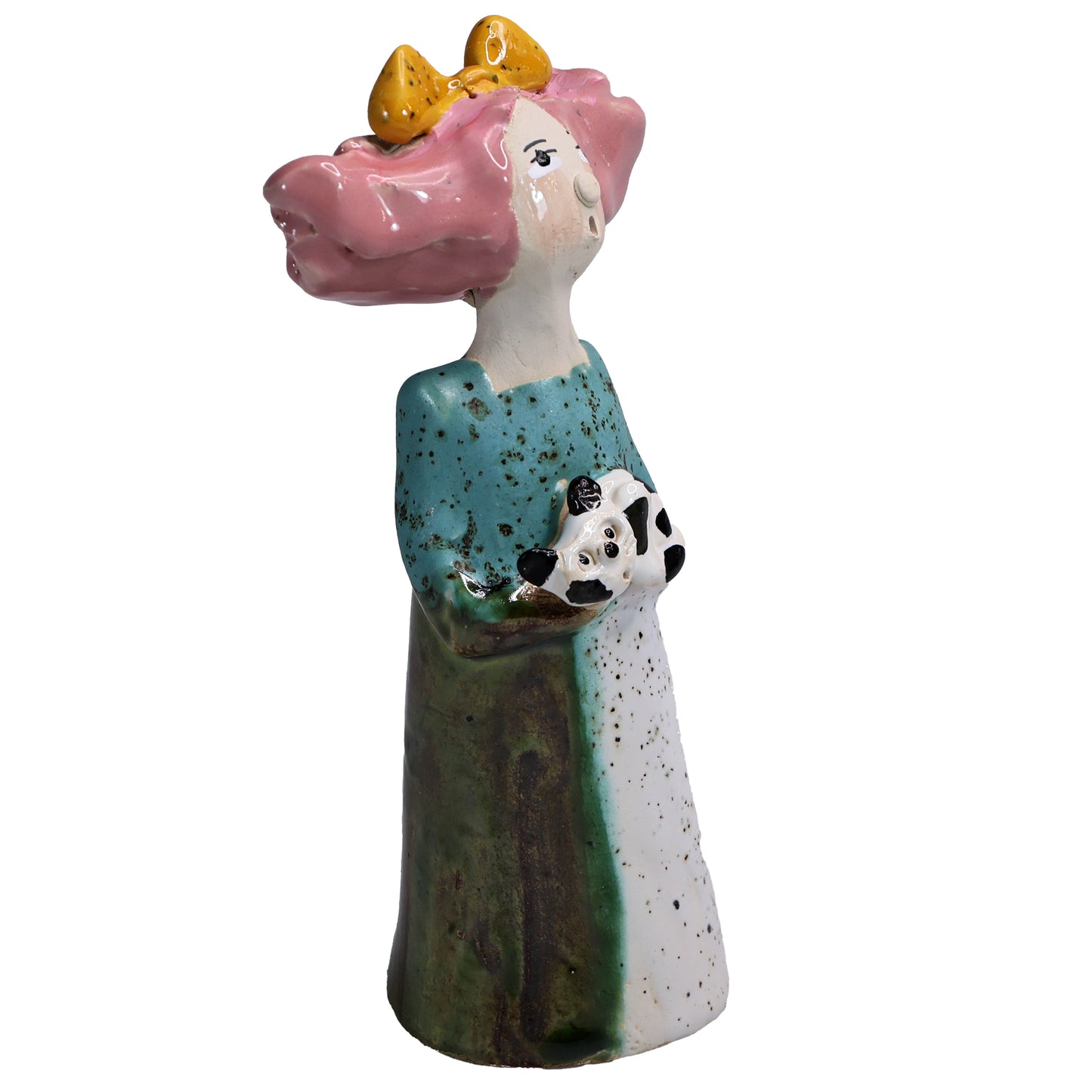 Handmade Ceramic Figurine of Quirky Lady in Multicolour Dress with Her Cat