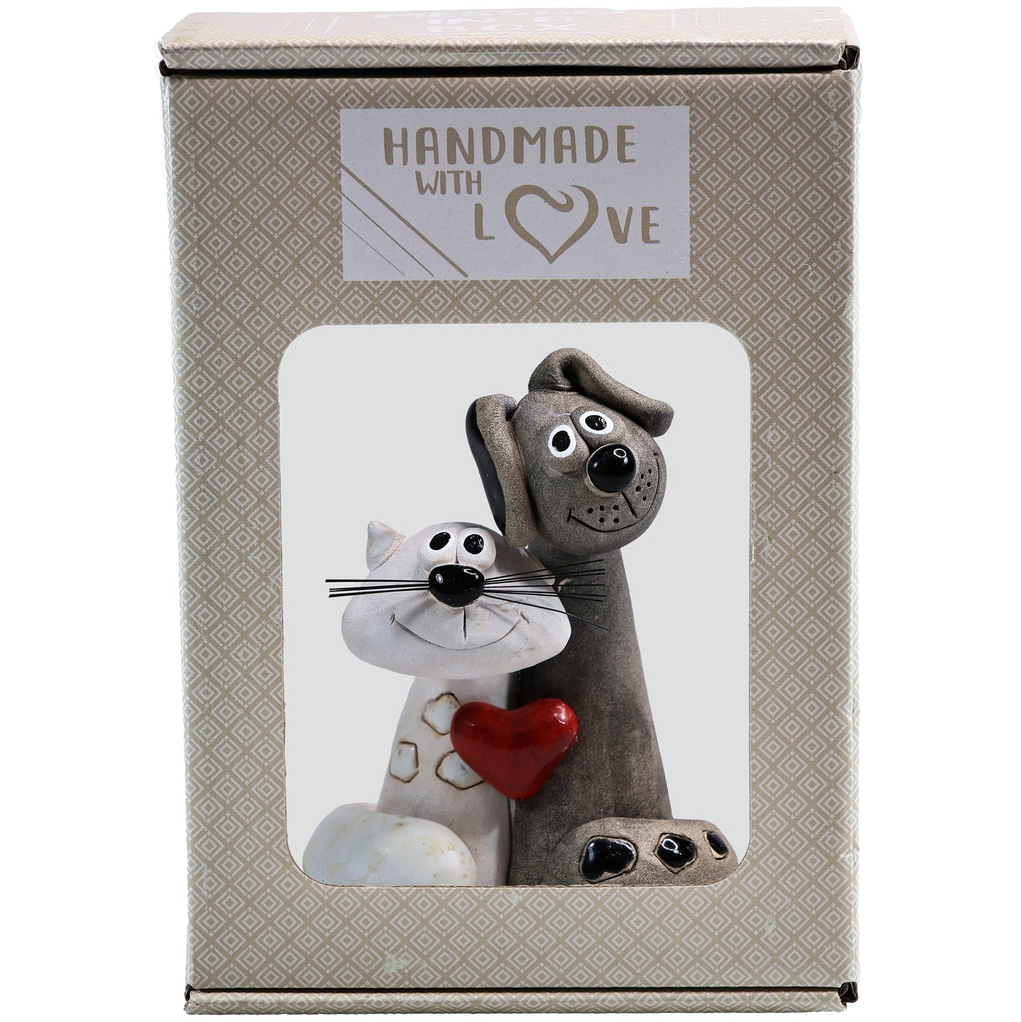 Handmade Ceramic White Cat & Black Dog Couple with Love Heart