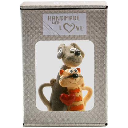 Handmade Ceramic Grey Dog & Ginger Stripy Cat Couple with Red Heart