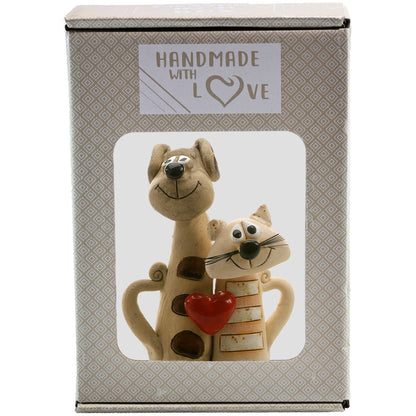 Handmade Ceramic Black Patchy Dog with White Stripy Cat Couple with Red Heart