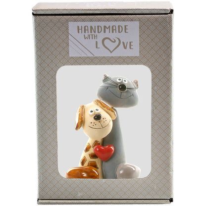 Handmade Ceramic Brown Spotty Dog &  Grey Cat Couple with Red Heart