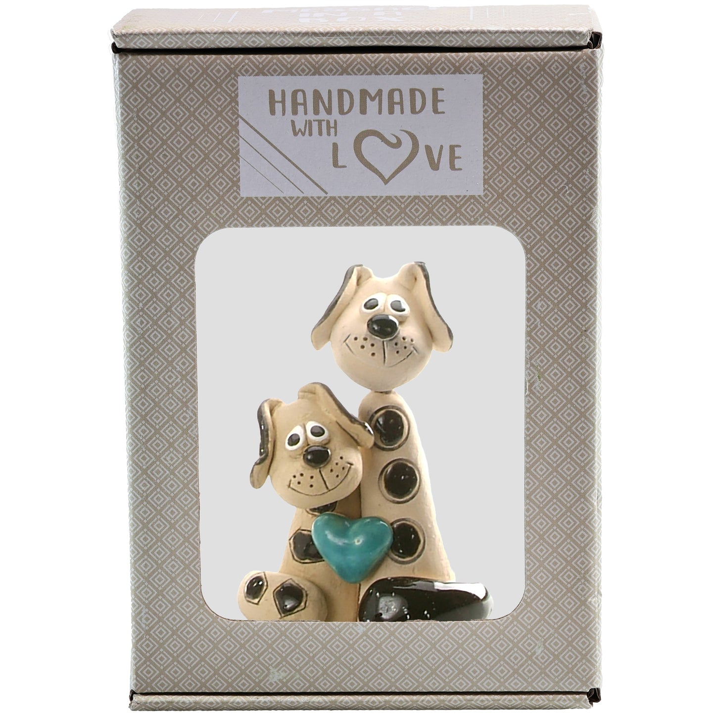 Handmade Ceramic White & Black Patchy Dog Pair with Turquoise Heart