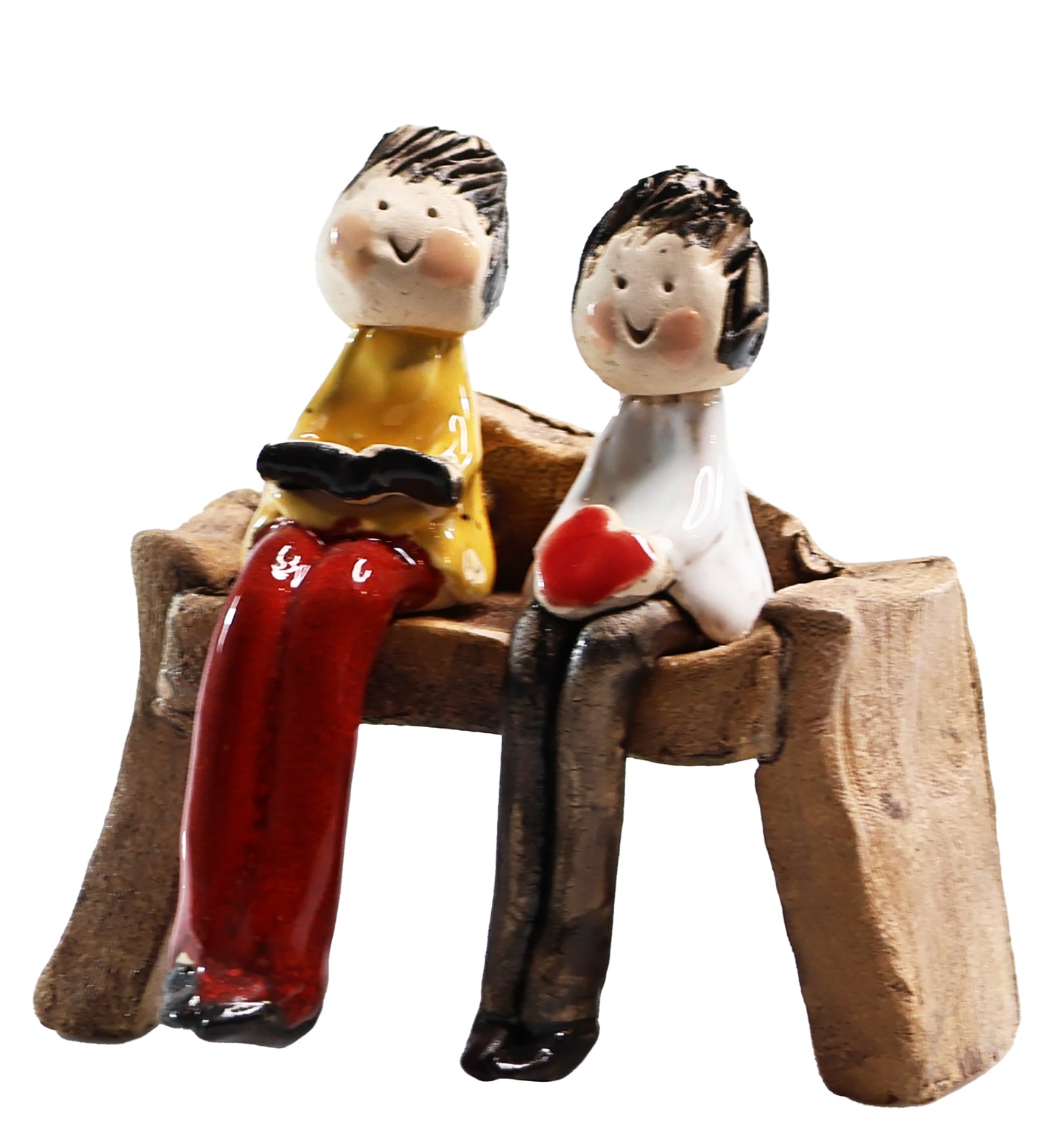 Handmade Couple on Bench. Man with Book, Lady with Heart