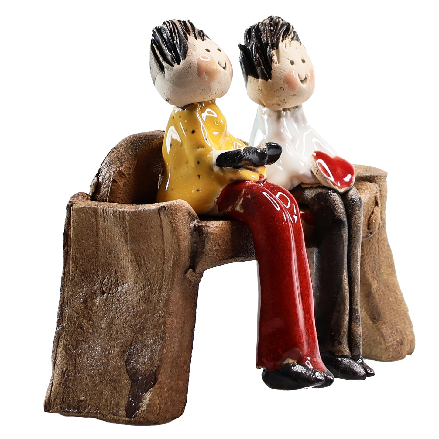 Handmade Couple on Bench. Man with Book, Lady with Heart