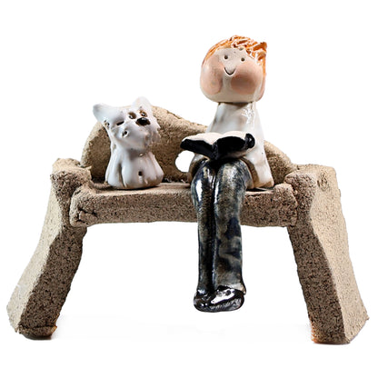 Handmade Ceramic Figurine of Man Reading with Scottie Dog on Bench