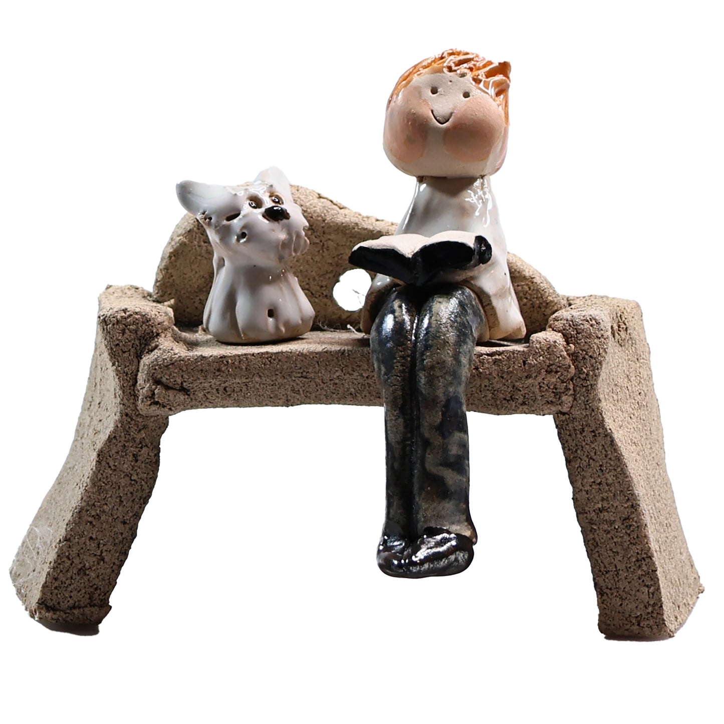 Handmade Ceramic Figurine of Man Reading with Scottie Dog on Bench