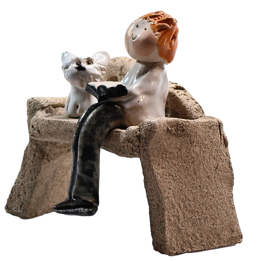 Handmade Ceramic Figurine of Man Reading with Scottie Dog on Bench