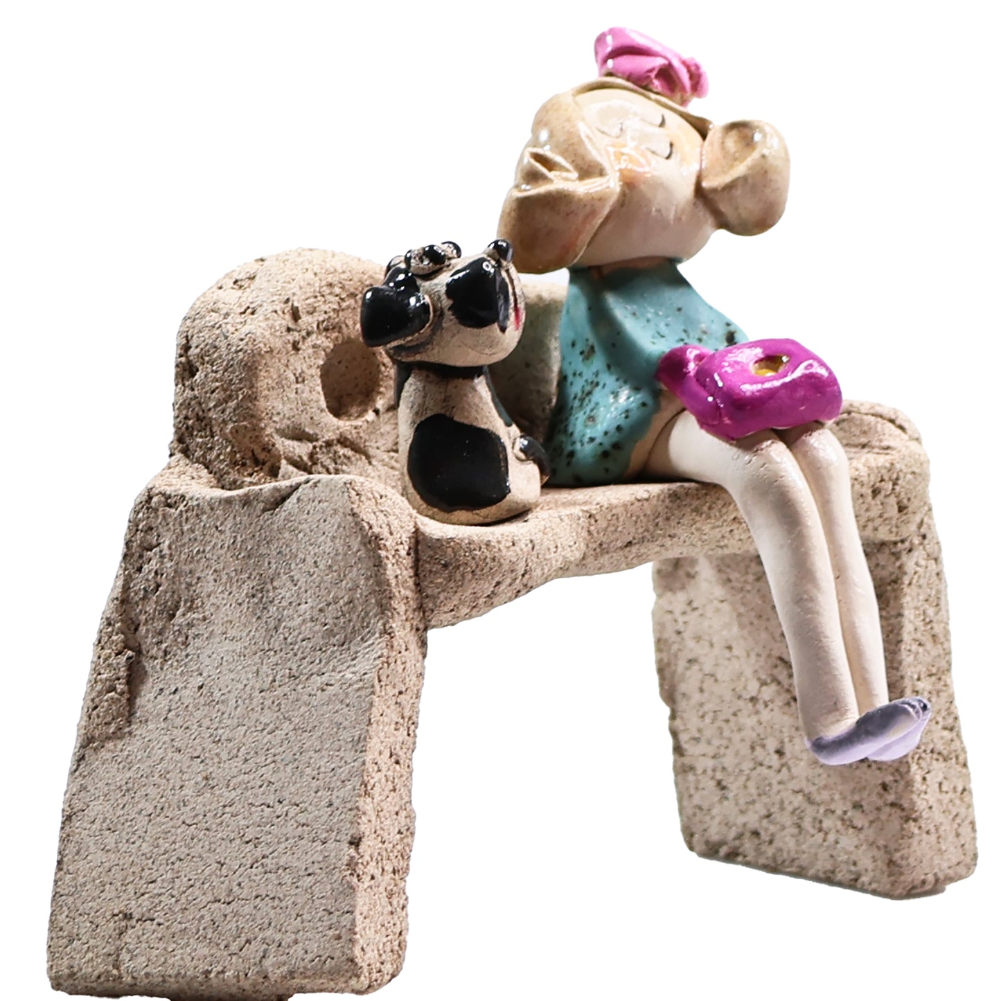 Handmade Ceramic Figurine of Lady with Pink Handbag & Spotty Cat on Bench