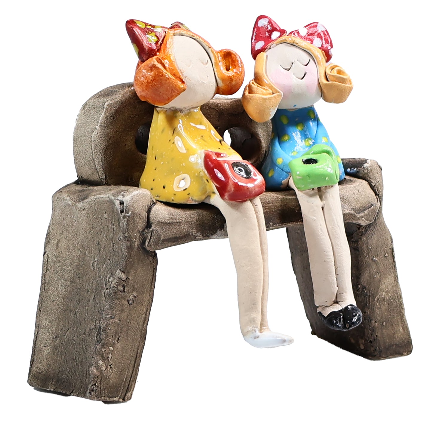 Handmade ceramic figurine of Charming Couple on Bench with Colourful Accessories