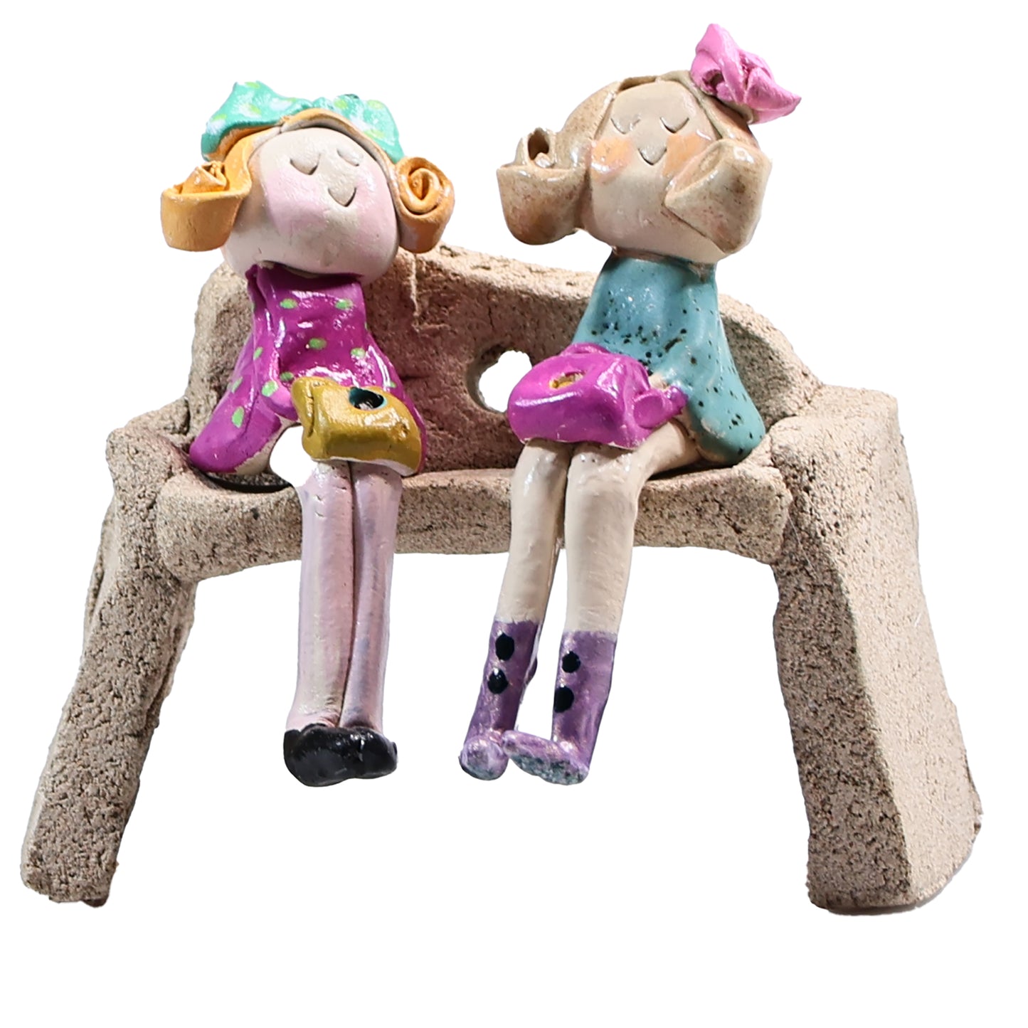 Handmade Ceramic Figurine of Charming Couple on Bench with Colourful Handbags