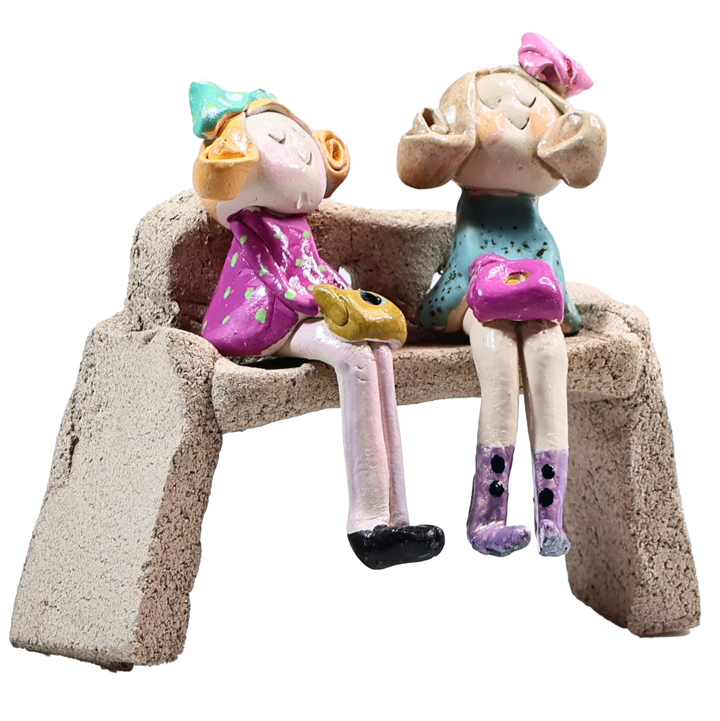 Handmade Ceramic Figurine of Charming Couple on Bench with Colourful Handbags