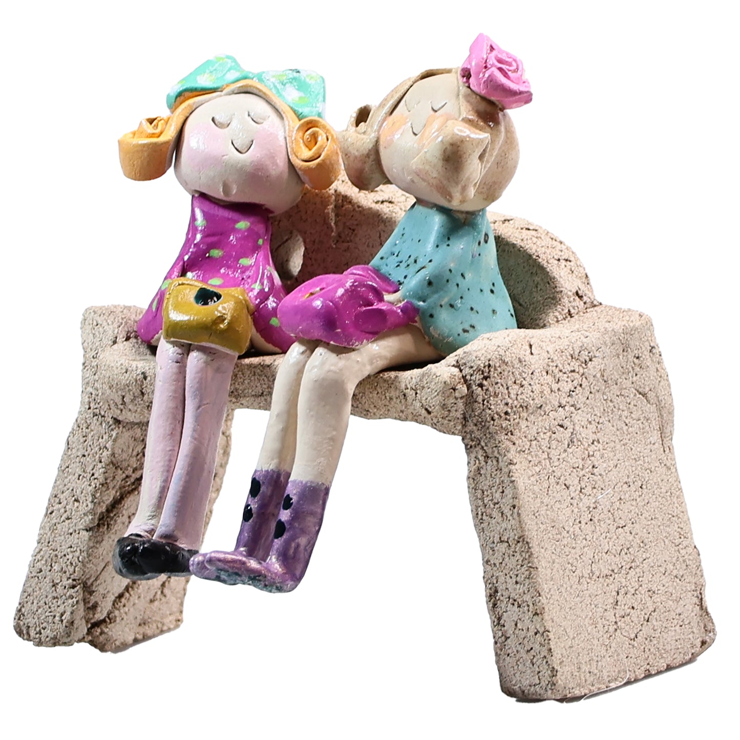 Handmade Ceramic Figurine of Charming Couple on Bench with Colourful Handbags