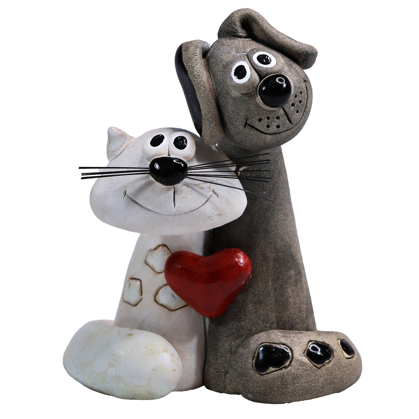 Handmade Ceramic White Cat & Black Dog Couple with Love Heart