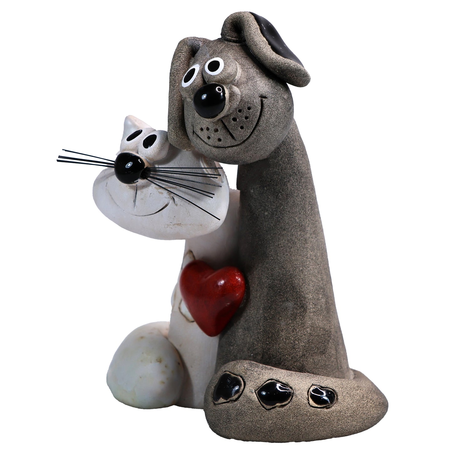 Handmade Ceramic White Cat & Black Dog Couple with Love Heart