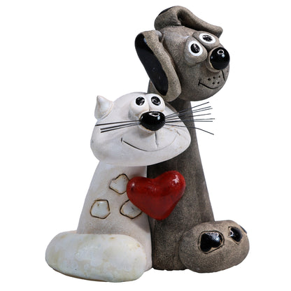 Handmade Ceramic White Cat & Black Dog Couple with Love Heart