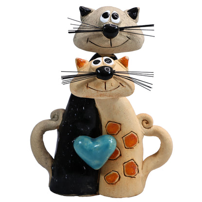 Handmade Ceramic Black & Ginger Cat Couple with Blue Heart