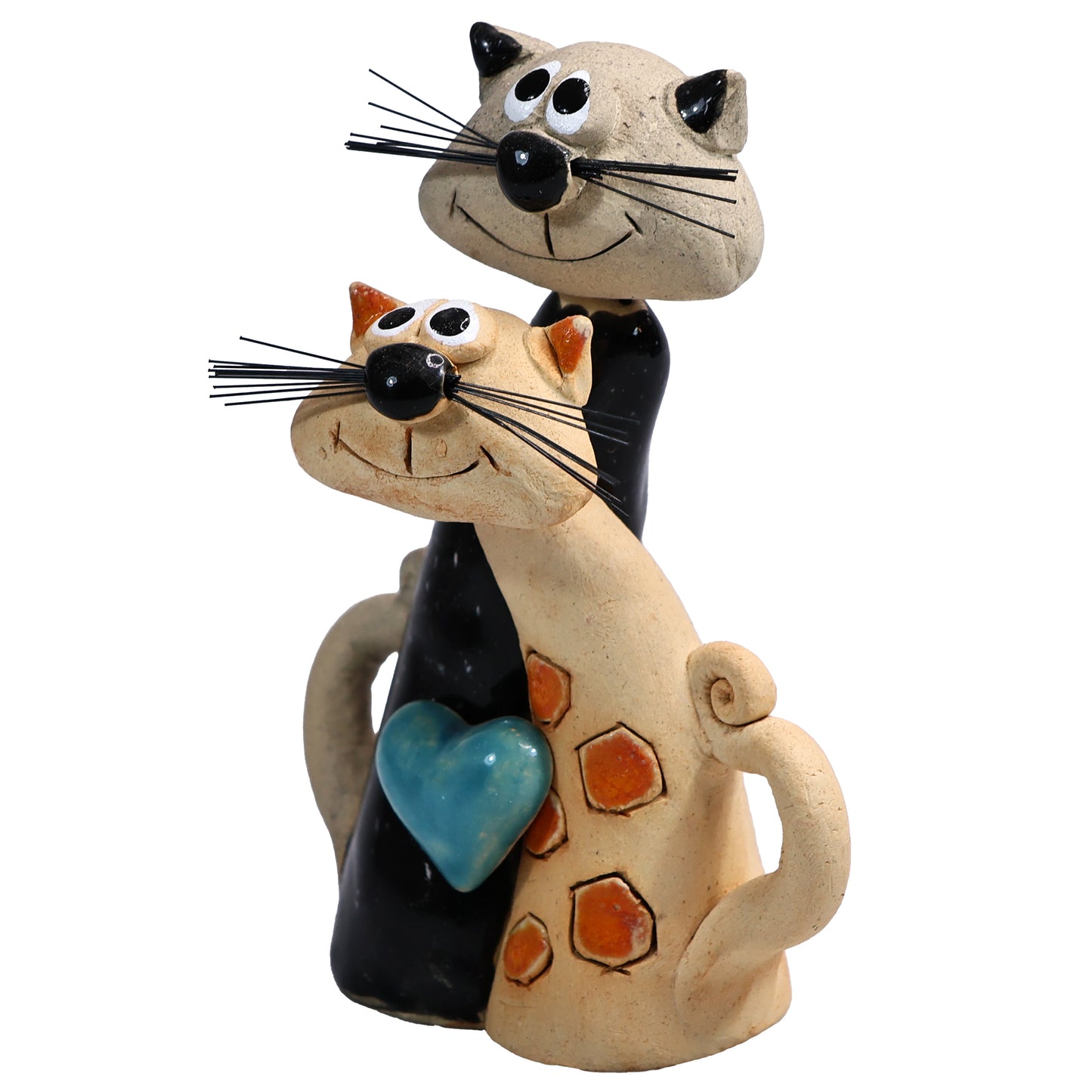 Handmade Ceramic Black & Ginger Cat Couple with Blue Heart