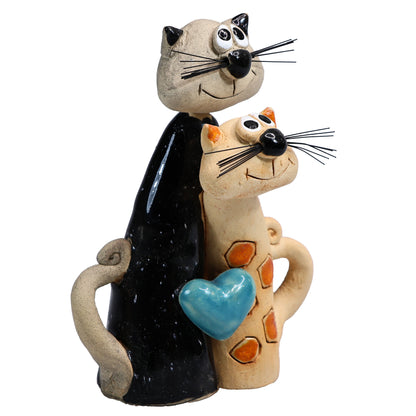 Handmade Ceramic Black & Ginger Cat Couple with Blue Heart