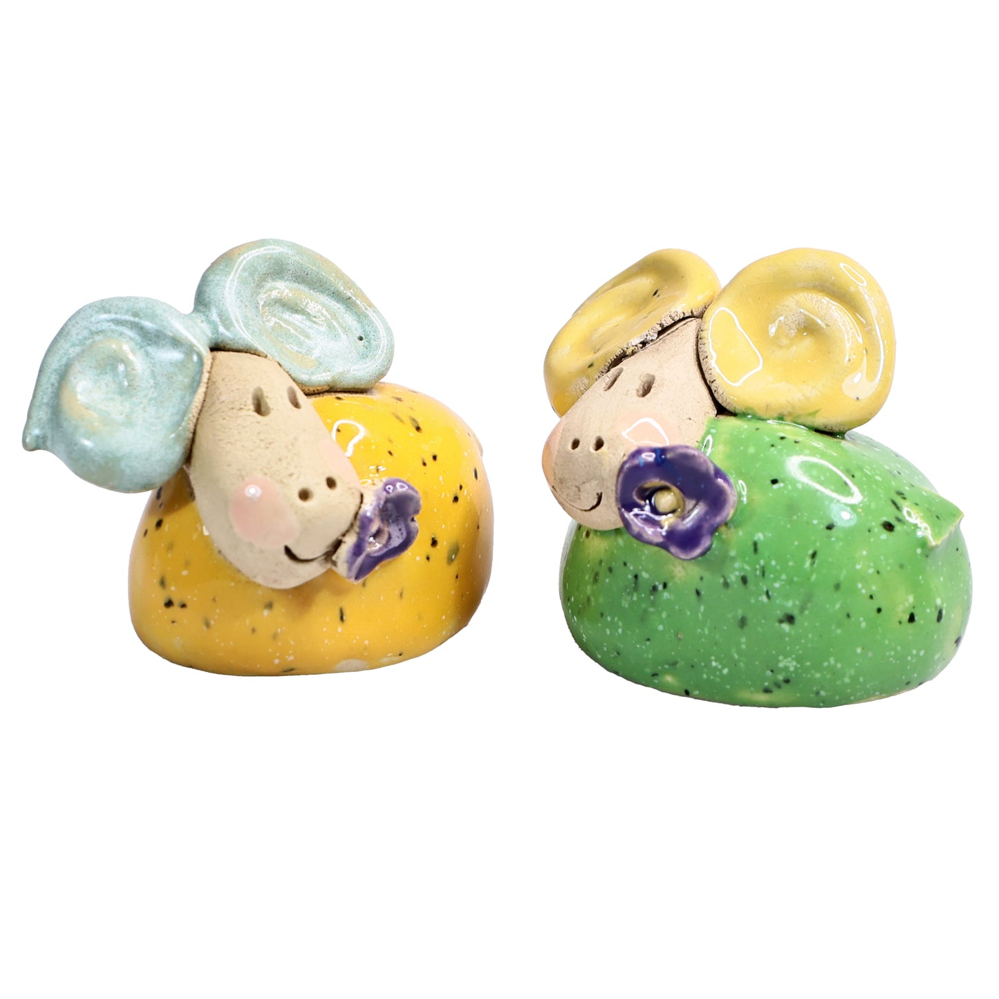 Handmade Ceramic Mini Yellow & Green Smiling Ram Couple with Flower in Mouth
