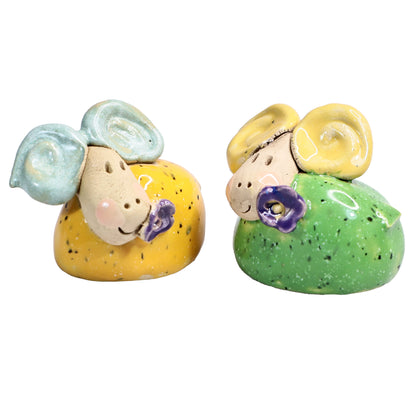 Handmade Ceramic Mini Yellow & Green Smiling Ram Couple with Flower in Mouth