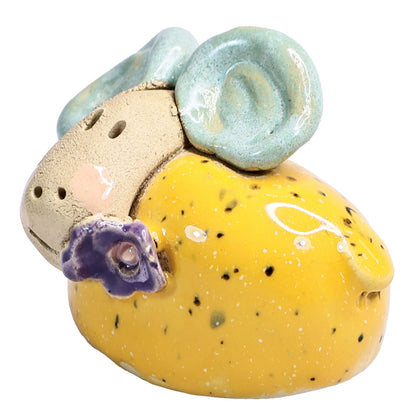 Handmade Ceramic Mini Yellow & Green Smiling Ram Couple with Flower in Mouth