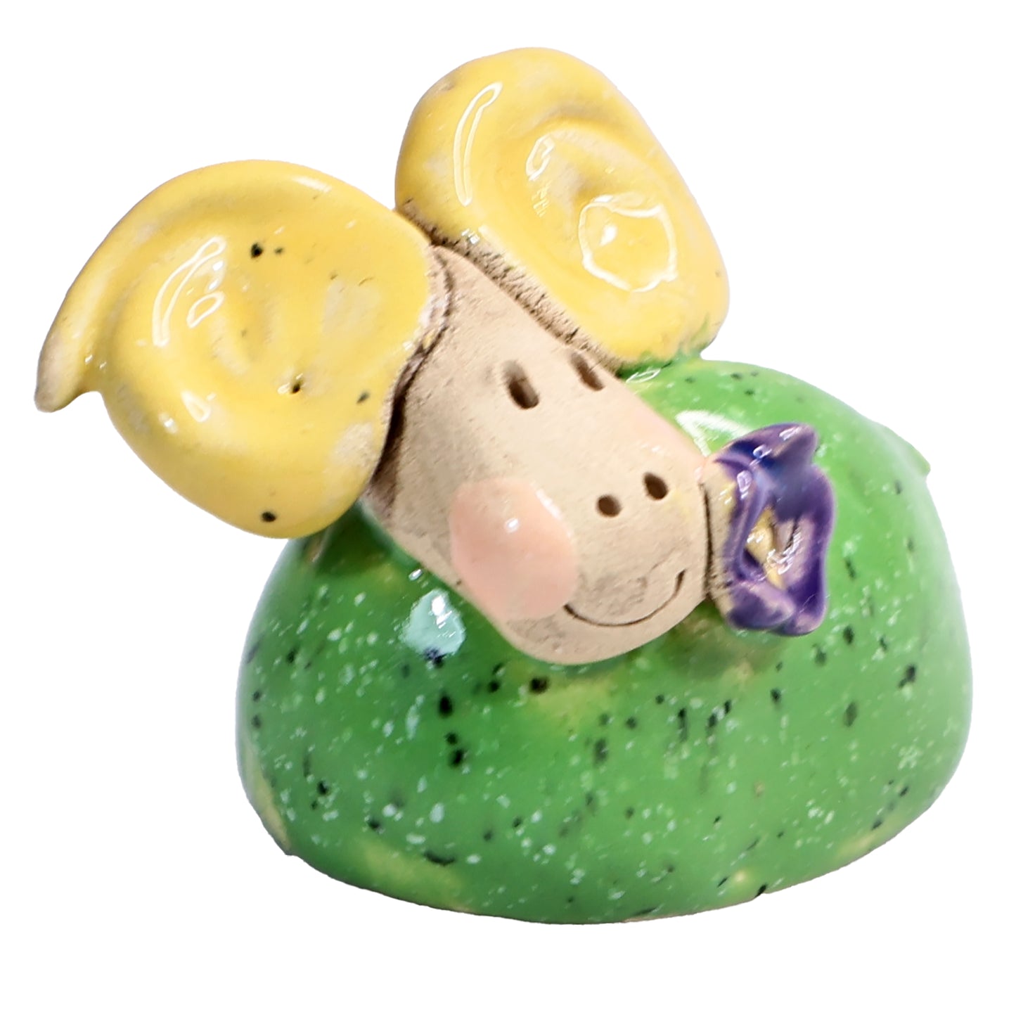 Handmade Ceramic Mini Yellow & Green Smiling Ram Couple with Flower in Mouth