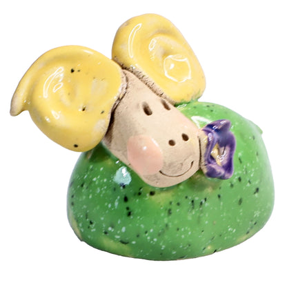 Handmade Ceramic Mini Yellow & Green Smiling Ram Couple with Flower in Mouth