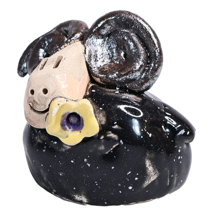 Handmade Ceramic Ram Couple with Horns & Flowers in Black & Lilac