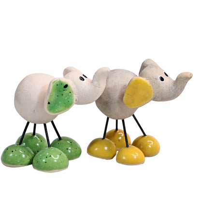 Handmade Ceramic Baby Elephant Couple in Yellow & Green