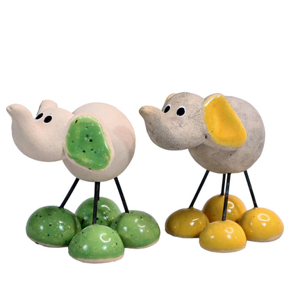 Handmade Ceramic Baby Elephant Couple in Yellow & Green