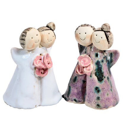 Handmade Ceramic Angel Happy Couples in White & Pink with Pink Roses