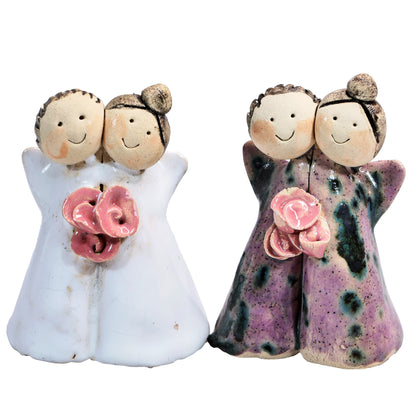 Handmade Ceramic Angel Happy Couples in White & Pink with Pink Roses