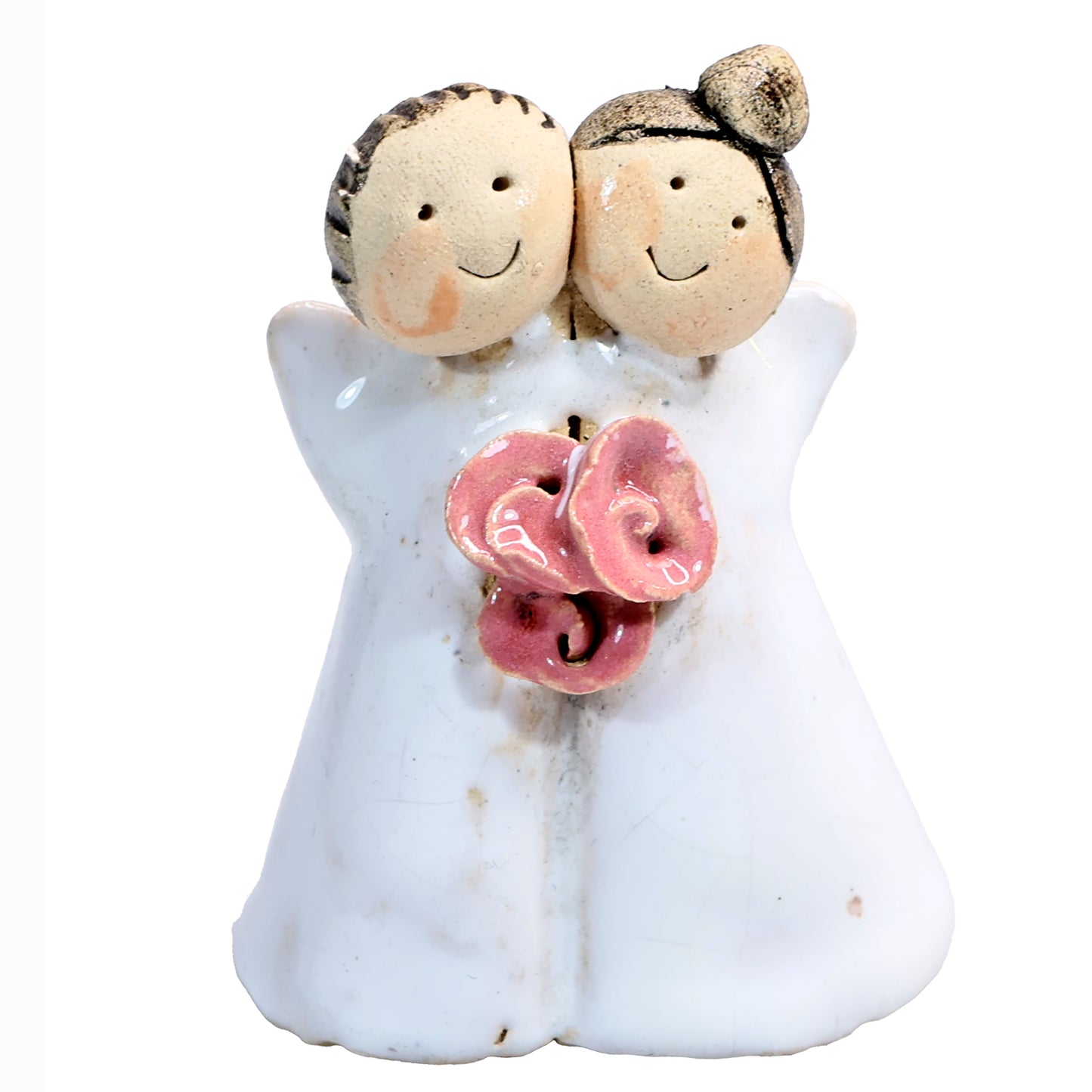 Handmade Ceramic Angel Happy Couples in White & Pink with Pink Roses