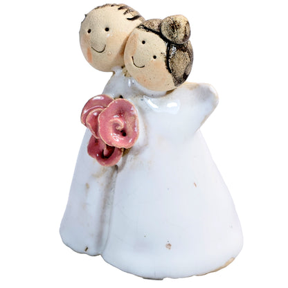 Handmade Ceramic Angel Happy Couples in White & Pink with Pink Roses