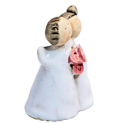 Handmade Ceramic Angel Happy Couples in White & Pink with Pink Roses