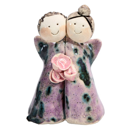 Handmade Ceramic Angel Happy Couples in White & Pink with Pink Roses