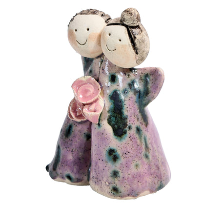 Handmade Ceramic Angel Happy Couples in White & Pink with Pink Roses