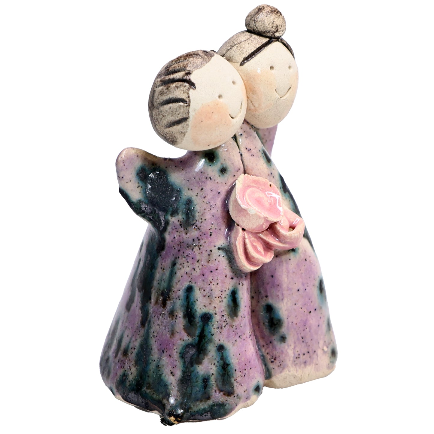 Handmade Ceramic Angel Happy Couples in White & Pink with Pink Roses