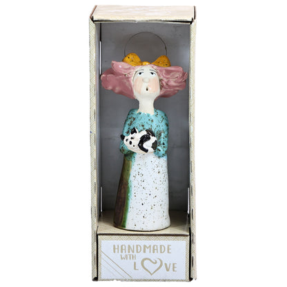 Handmade Ceramic Figurine of Quirky Lady in Multicolour Dress with Her Cat