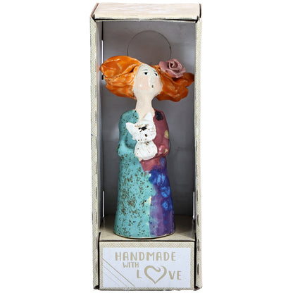 Handmade figurine of Quirky Lady in Multicolour Dress with White Scottie Dog