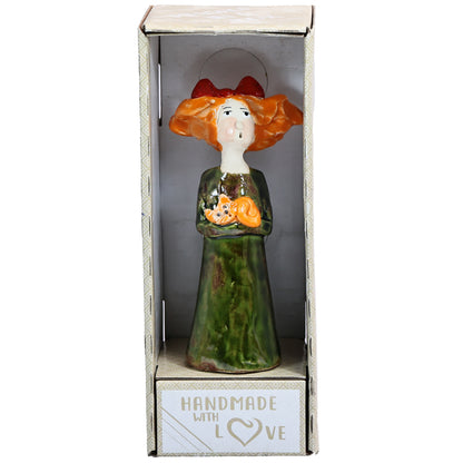 Ceramic Figurine of Quirky Lady in Green Dress with Orange Cat