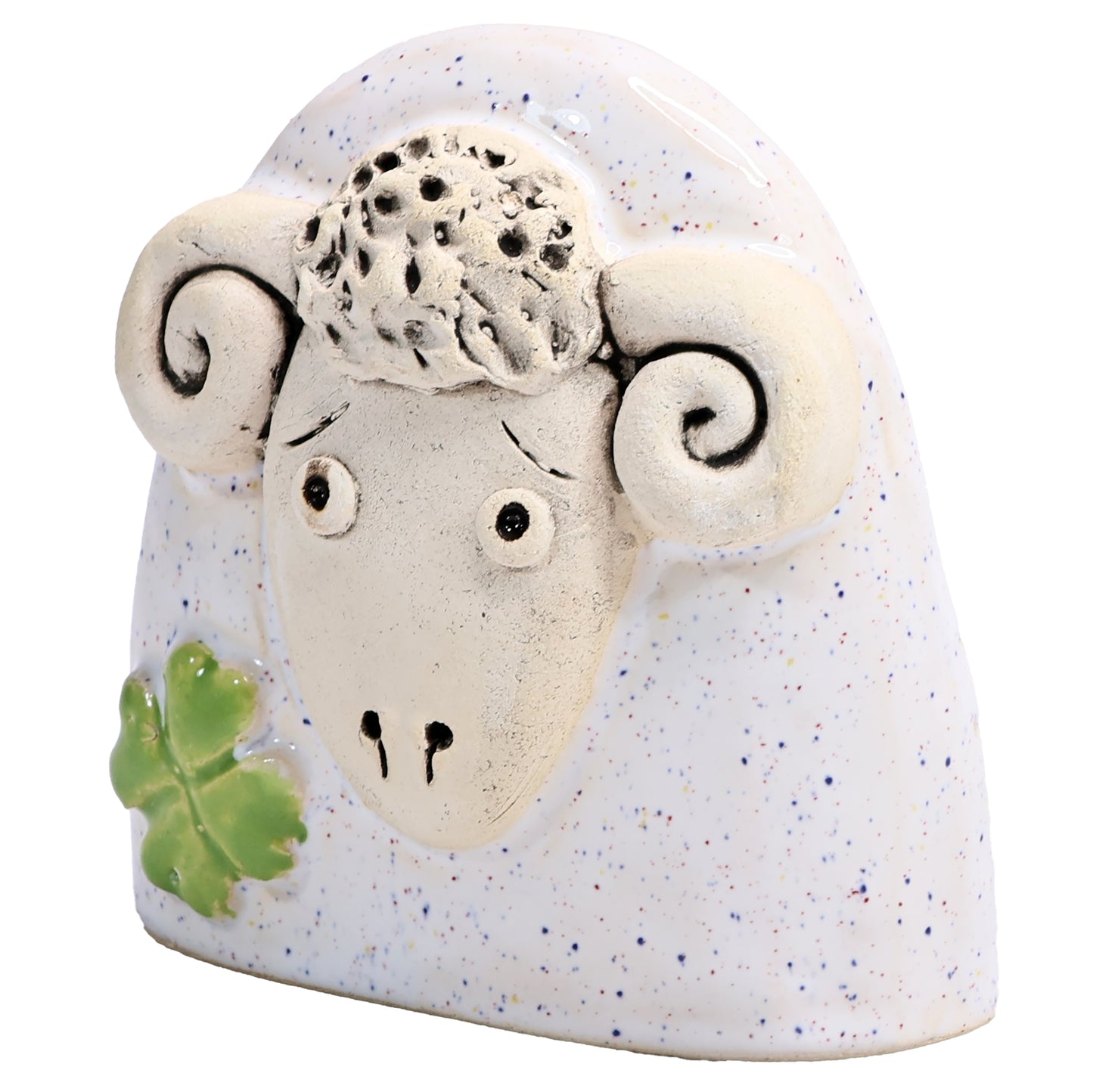 Charming Ceramic Ram with Four-Leaf Clover
