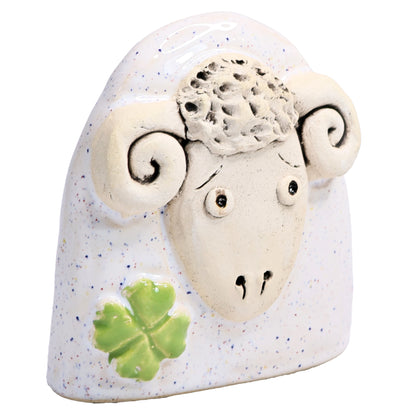 Charming Ceramic Ram with Four-Leaf Clover
