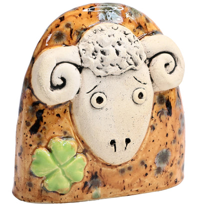 Charming Ceramic Ram with Four-Leaf Clover