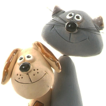 Handmade Ceramic Brown Spotty Dog &  Grey Cat Couple with Red Heart