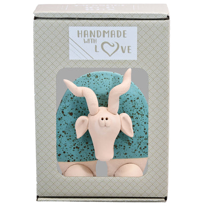 Handmade Ceramic Flat Goat Figurine in Turquoise, Lemon Yellow, White Daisy
